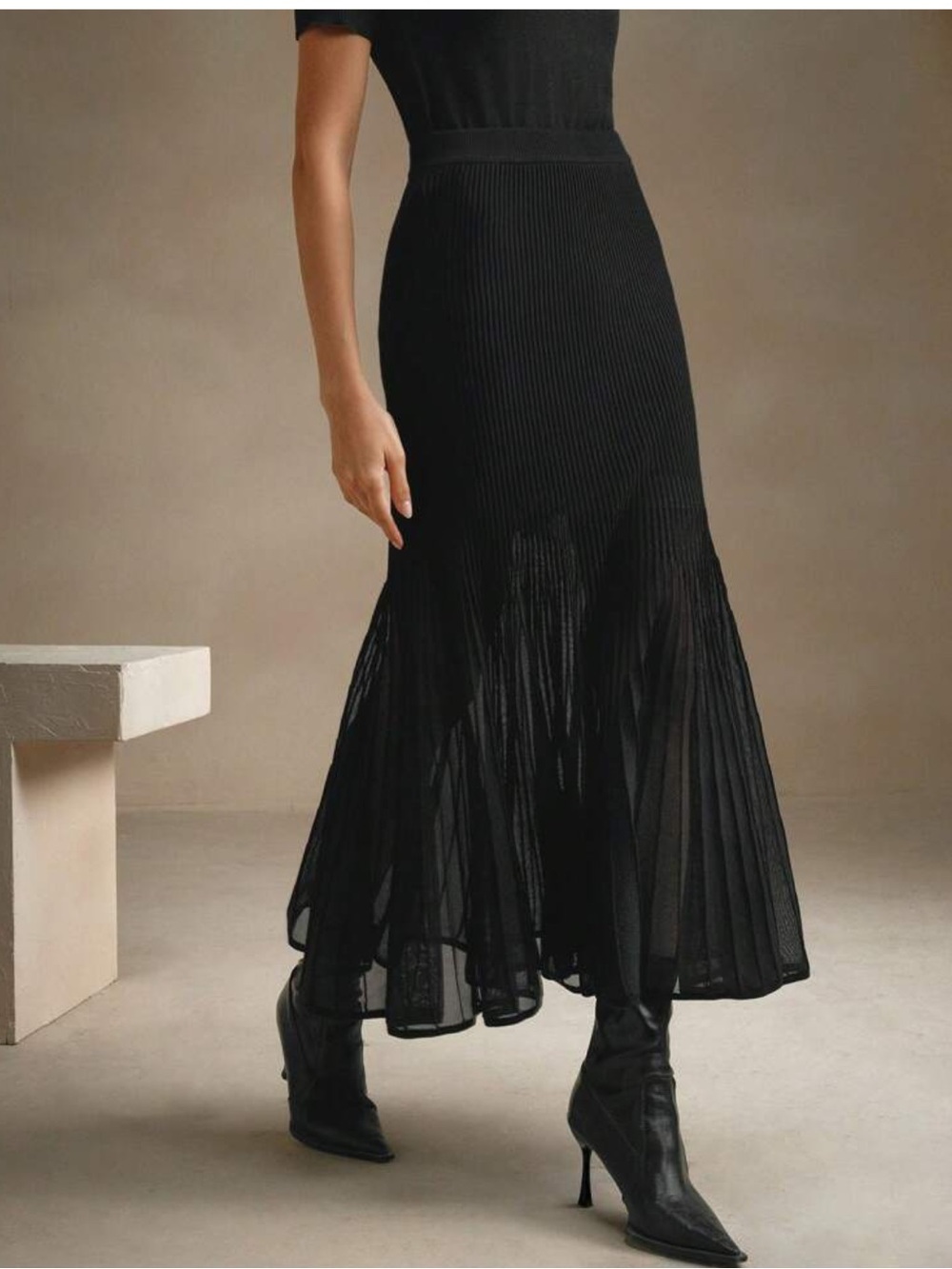 SHEIN Women Mesh Pleated Sweater Midi Skirt Black